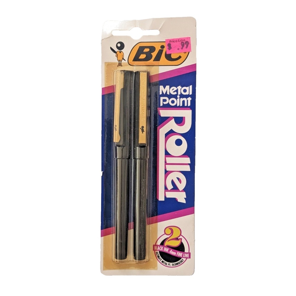 Vintage BIC Metal Point Roller Pens Black Ink Fine Line .4 mm 2 Pack 1991 NOS